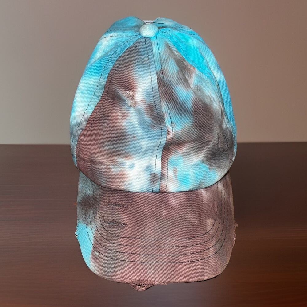 C.C. Ponytail Ball Cap Adjustable Baseball Multicolored Tie Dye Distressed